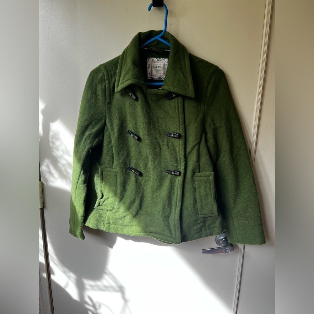OLD Navy Wool Blend Coat, ruffle shawl collar, olive green, size small